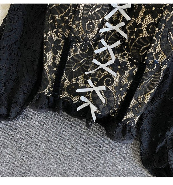 Palace Style Temperament Women Lotus Leaf Waist Lace Square Collar Sweet Bowknot Puff Sleeve Crop Bustier Top Blouse