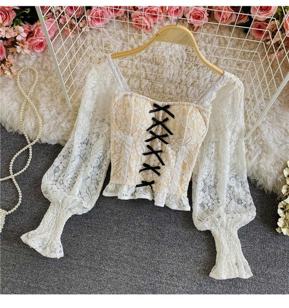 Palace Style Temperament Women Lotus Leaf Waist Lace Square Collar Sweet Bowknot Puff Sleeve Crop Bustier Top Blouse