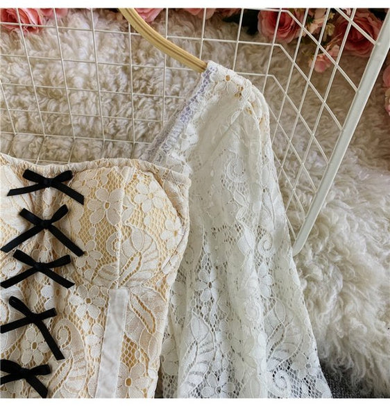 Palace Style Temperament Women Lotus Leaf Waist Lace Square Collar Sweet Bowknot Puff Sleeve Crop Bustier Top Blouse