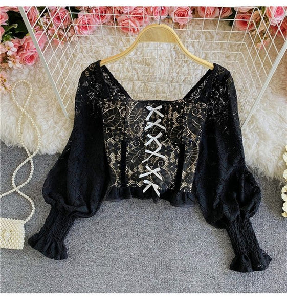 Palace Style Temperament Women Lotus Leaf Waist Lace Square Collar Sweet Bowknot Puff Sleeve Crop Bustier Top Blouse