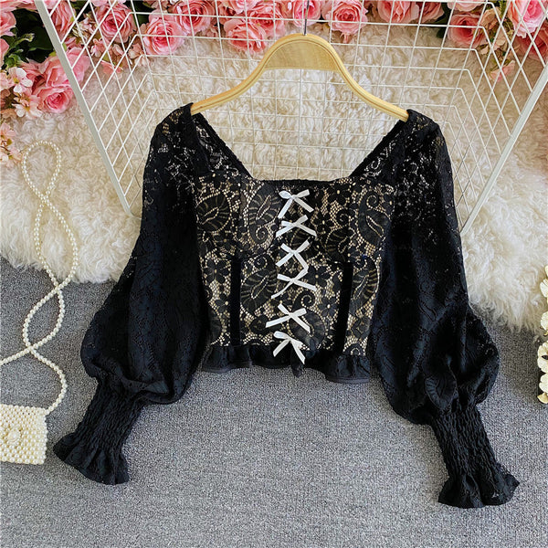 Palace Style Temperament Women Lotus Leaf Waist Lace Square Collar Sweet Bowknot Puff Sleeve Crop Bustier Top Blouse