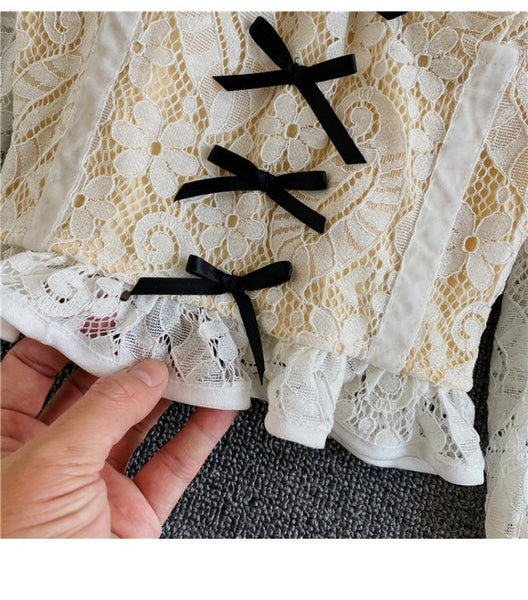 Palace Style Temperament Women Lotus Leaf Waist Lace Square Collar Sweet Bowknot Puff Sleeve Crop Bustier Top Blouse