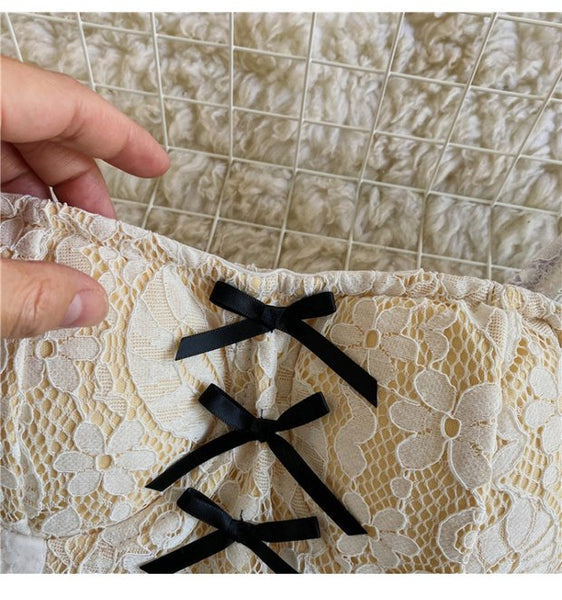 Palace Style Temperament Women Lotus Leaf Waist Lace Square Collar Sweet Bowknot Puff Sleeve Crop Bustier Top Blouse