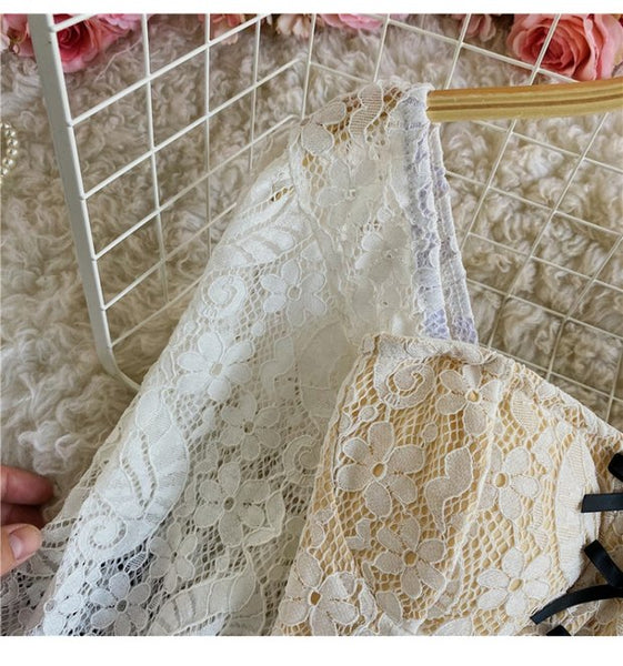 Palace Style Temperament Women Lotus Leaf Waist Lace Square Collar Sweet Bowknot Puff Sleeve Crop Bustier Top Blouse