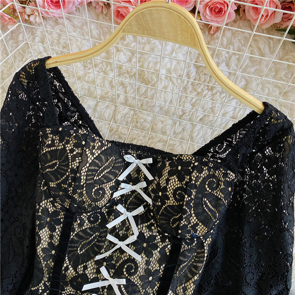 Palace Style Temperament Women Lotus Leaf Waist Lace Square Collar Sweet Bowknot Puff Sleeve Crop Bustier Top Blouse