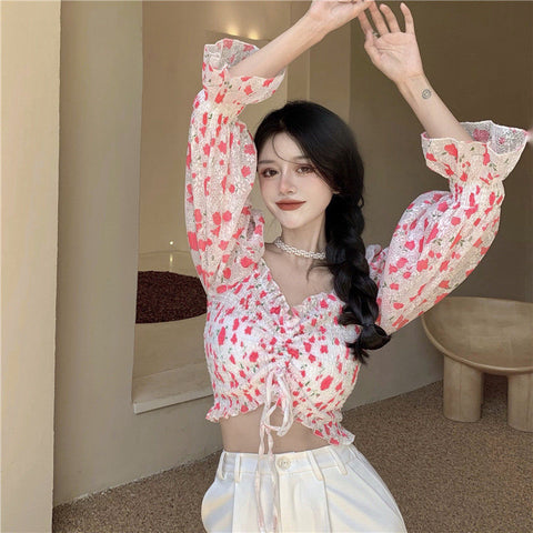 Summer Sweet Women Pink Floral Printed Off Shoulder Short Ruffle Sleeve Waist Drawstring Top Blouse