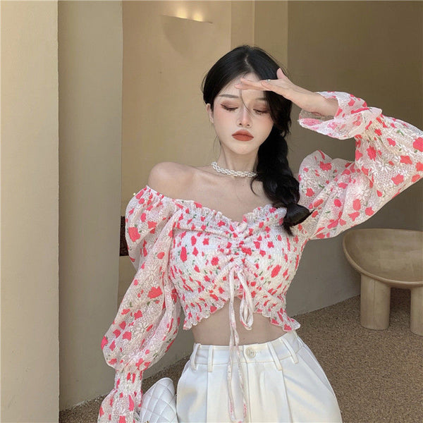 Summer Sweet Women Pink Floral Printed Off Shoulder Short Ruffle Sleeve Waist Drawstring Top Blouse