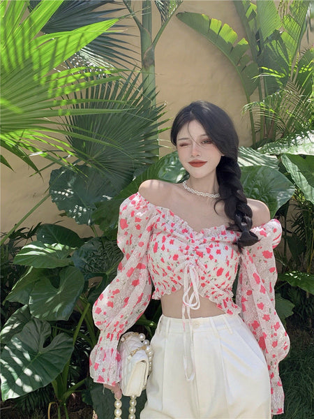 Summer Sweet Women Pink Floral Printed Off Shoulder Short Ruffle Sleeve Waist Drawstring Top Blouse
