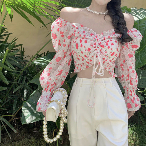 Summer Sweet Women Pink Floral Printed Off Shoulder Short Ruffle Sleeve Waist Drawstring Top Blouse