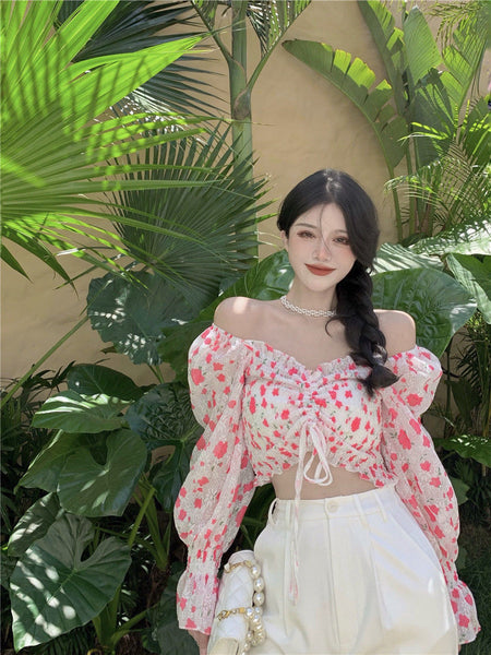 Summer Sweet Women Pink Floral Printed Off Shoulder Short Ruffle Sleeve Waist Drawstring Top Blouse