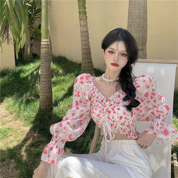 Summer Sweet Women Pink Floral Printed Off Shoulder Short Ruffle Sleeve Waist Drawstring Top Blouse