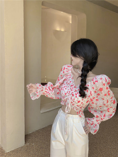 Summer Sweet Women Pink Floral Printed Off Shoulder Short Ruffle Sleeve Waist Drawstring Top Blouse
