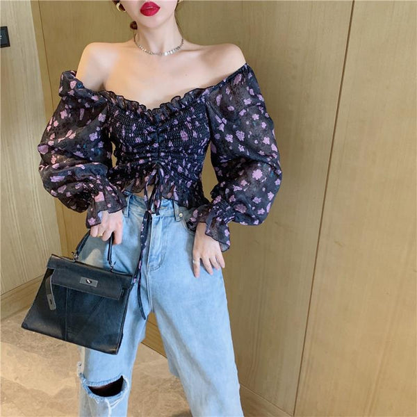Summer Sexy Women Black Floral Printed Off Shoulder Short Ruffle Sleeve Pleated Waist Drawstring Top Blouse