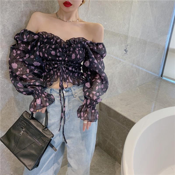 Summer Sexy Women Black Floral Printed Off Shoulder Short Ruffle Sleeve Pleated Waist Drawstring Top Blouse