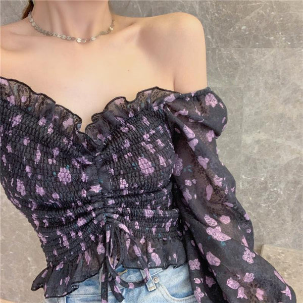 Summer Sexy Women Black Floral Printed Off Shoulder Short Ruffle Sleeve Pleated Waist Drawstring Top Blouse
