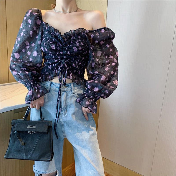 Summer Sexy Women Black Floral Printed Off Shoulder Short Ruffle Sleeve Pleated Waist Drawstring Top Blouse