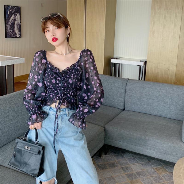 Summer Sexy Women Black Floral Printed Off Shoulder Short Ruffle Sleeve Pleated Waist Drawstring Top Blouse
