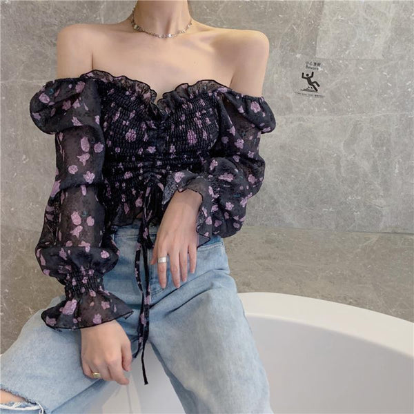 Summer Sexy Women Black Floral Printed Off Shoulder Short Ruffle Sleeve Pleated Waist Drawstring Top Blouse
