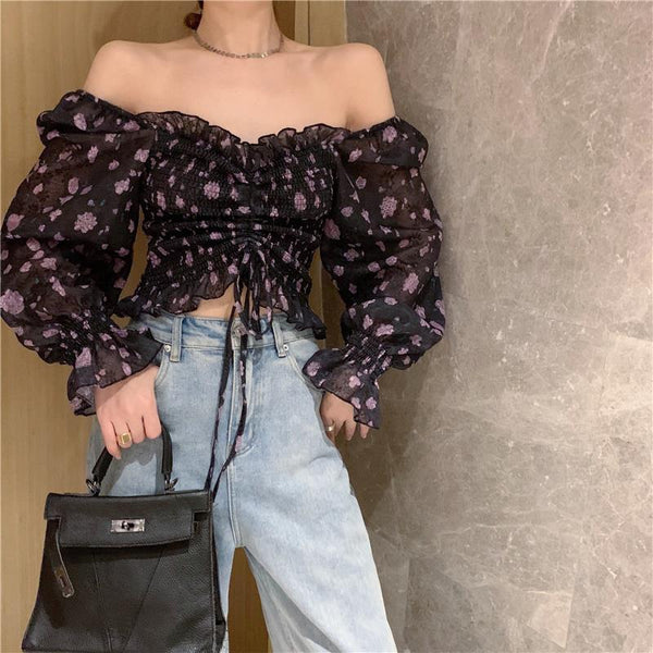 Summer Sexy Women Black Floral Printed Off Shoulder Short Ruffle Sleeve Pleated Waist Drawstring Top Blouse