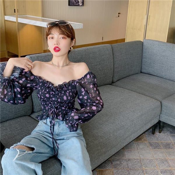Summer Sexy Women Black Floral Printed Off Shoulder Short Ruffle Sleeve Pleated Waist Drawstring Top Blouse