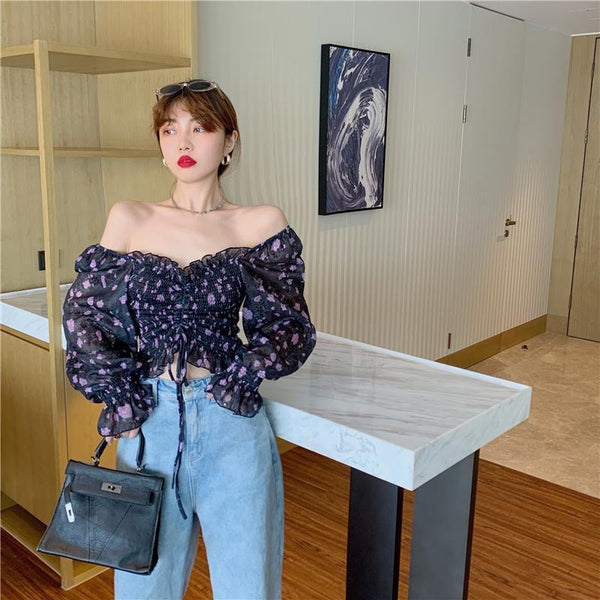 Summer Sexy Women Black Floral Printed Off Shoulder Short Ruffle Sleeve Pleated Waist Drawstring Top Blouse