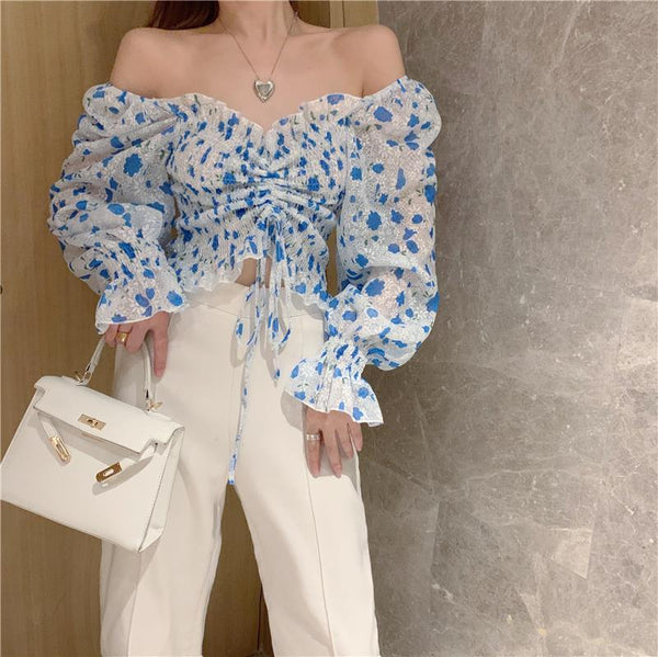 Summer Chic Pretty Women Floral Printed Off Shoulder Short Ruffle Sleeve Pleated Waist Drawstring Top Blouse