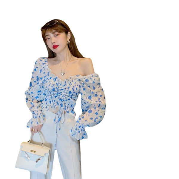 Summer Chic Pretty Women Floral Printed Off Shoulder Short Ruffle Sleeve Pleated Waist Drawstring Top Blouse