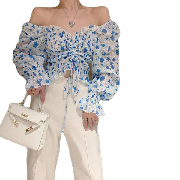 Summer Chic Pretty Women Floral Printed Off Shoulder Short Ruffle Sleeve Pleated Waist Drawstring Top Blouse