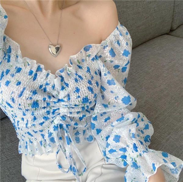 Summer Chic Pretty Women Floral Printed Off Shoulder Short Ruffle Sleeve Pleated Waist Drawstring Top Blouse