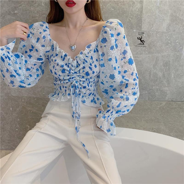 Summer Chic Pretty Women Floral Printed Off Shoulder Short Ruffle Sleeve Pleated Waist Drawstring Top Blouse