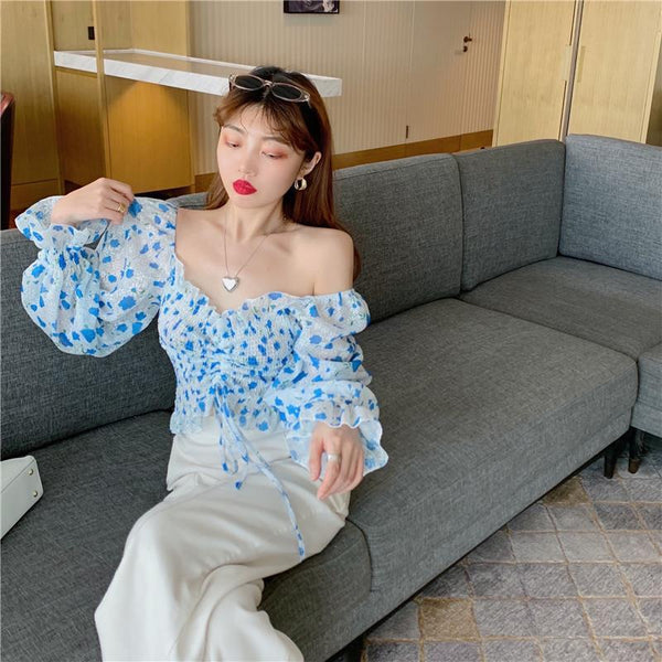 Summer Chic Pretty Women Floral Printed Off Shoulder Short Ruffle Sleeve Pleated Waist Drawstring Top Blouse