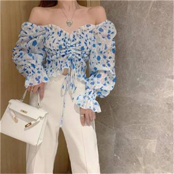 Summer Chic Pretty Women Floral Printed Off Shoulder Short Ruffle Sleeve Pleated Waist Drawstring Top Blouse