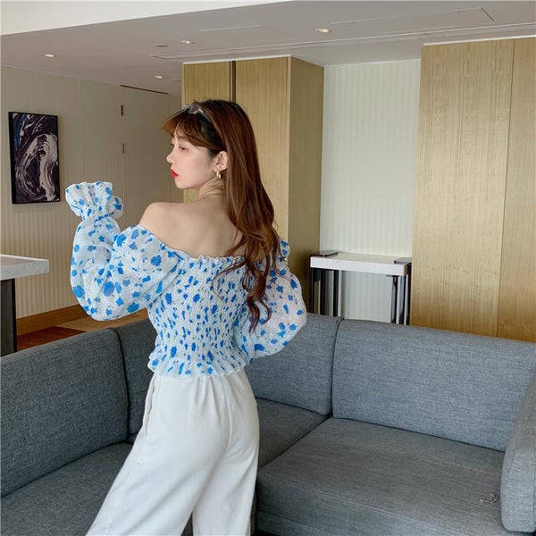 Summer Chic Pretty Women Floral Printed Off Shoulder Short Ruffle Sleeve Pleated Waist Drawstring Top Blouse