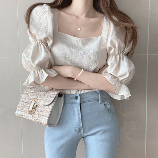 Vintage Sexy Women Pleated Top Smocked Square Neck Collar Puff Sleeve Tops Blouse