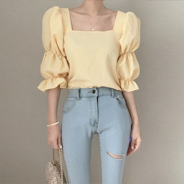 Vintage Sexy Women Pleated Top Smocked Square Neck Collar Puff Sleeve Tops Blouse