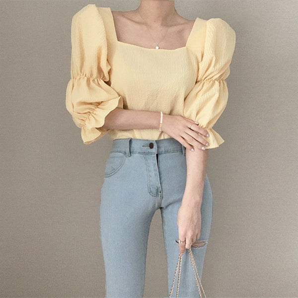 Vintage Sexy Women Pleated Top Smocked Square Neck Collar Puff Sleeve Tops Blouse