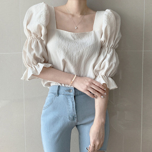 Vintage Sexy Women Pleated Top Smocked Square Neck Collar Puff Sleeve Tops Blouse