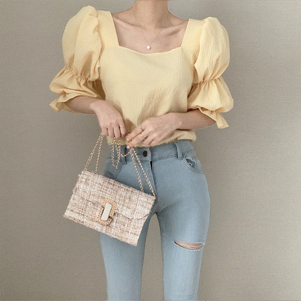 Vintage Sexy Women Pleated Top Smocked Square Neck Collar Puff Sleeve Tops Blouse