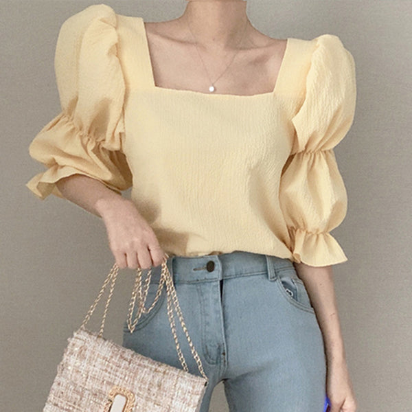Vintage Sexy Women Pleated Top Smocked Square Neck Collar Puff Sleeve Tops Blouse