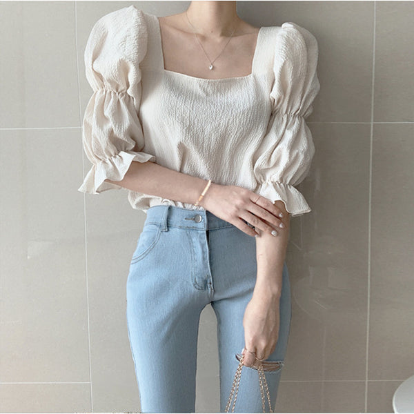 Vintage Sexy Women Pleated Top Smocked Square Neck Collar Puff Sleeve Tops Blouse