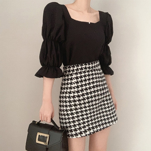 Vintage Sexy Women Pleated Top Smocked Square Neck Collar Puff Sleeve Tops Blouse