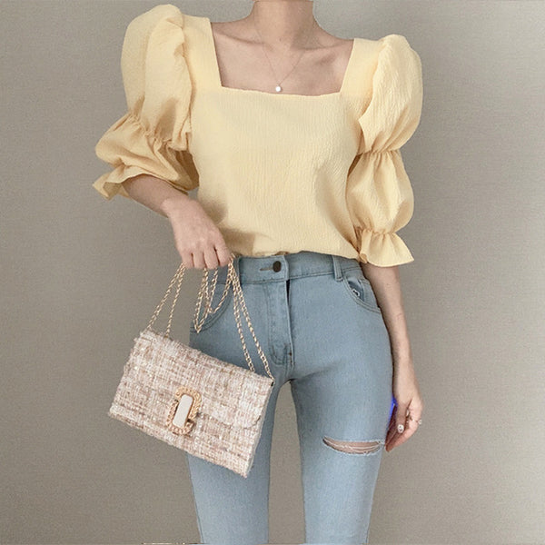Vintage Sexy Women Pleated Top Smocked Square Neck Collar Puff Sleeve Tops Blouse