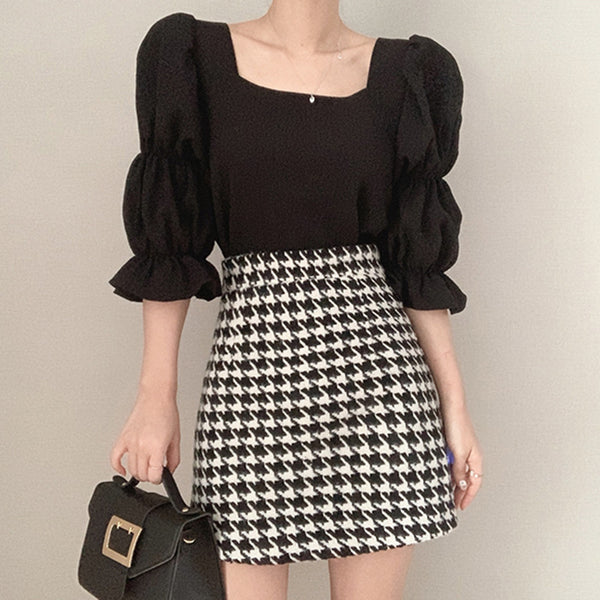 Vintage Sexy Women Pleated Top Smocked Square Neck Collar Puff Sleeve Tops Blouse