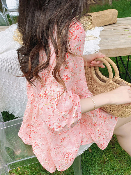 Sweet Fairy Women Pink Color Loose Round Neck Smashed Fluffy Cotton Button Up Front Linen Shirt Top Blouse