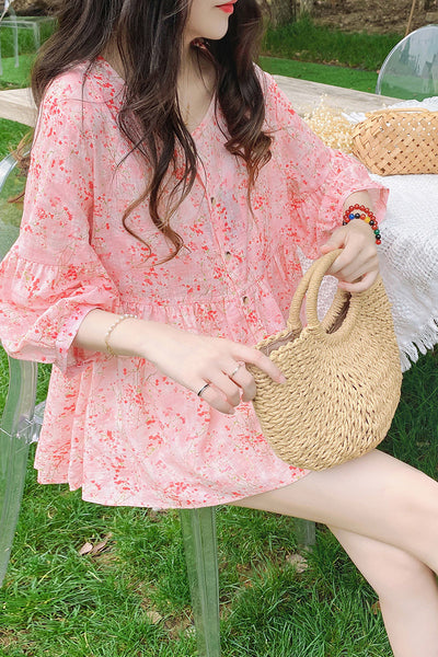 Sweet Fairy Women Pink Color Loose Round Neck Smashed Fluffy Cotton Button Up Front Linen Shirt Top Blouse