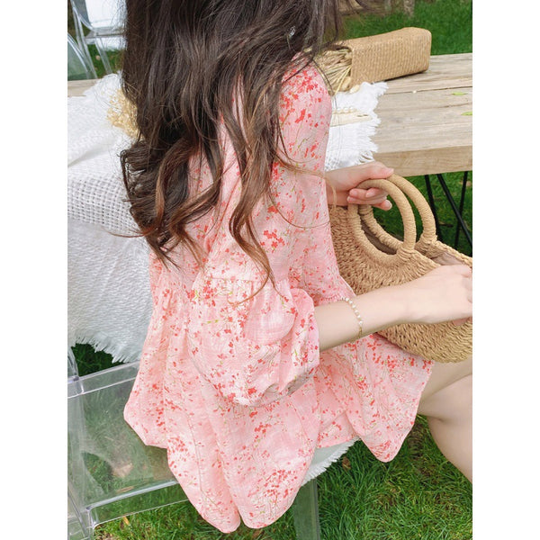 Sweet Fairy Women Pink Color Loose Round Neck Smashed Fluffy Cotton Button Up Front Linen Shirt Top Blouse