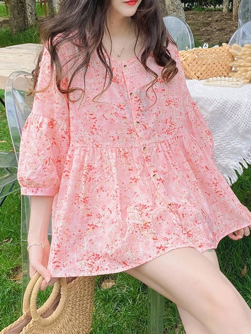 Sweet Fairy Women Pink Color Loose Round Neck Smashed Fluffy Cotton Button Up Front Linen Shirt Top Blouse