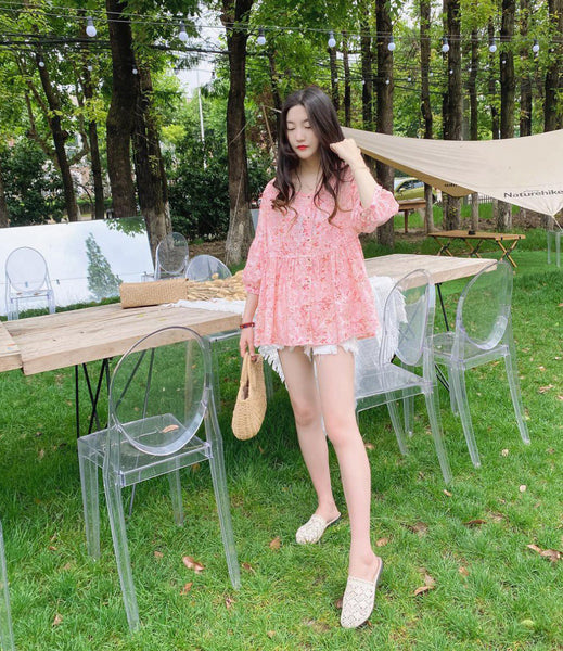 Sweet Fairy Women Pink Color Loose Round Neck Smashed Fluffy Cotton Button Up Front Linen Shirt Top Blouse