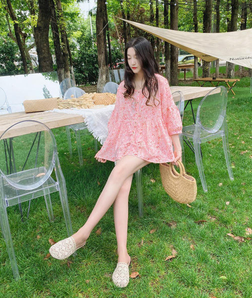 Sweet Fairy Women Pink Color Loose Round Neck Smashed Fluffy Cotton Button Up Front Linen Shirt Top Blouse
