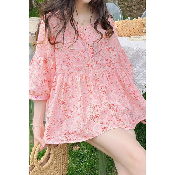 Sweet Fairy Women Pink Color Loose Round Neck Smashed Fluffy Cotton Button Up Front Linen Shirt Top Blouse